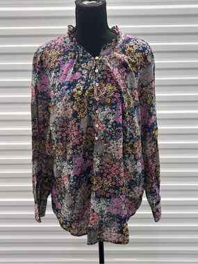 Talbots  Plus Women's Blouse Size 2X Blue Pink Floral Long Sleeve Button Down